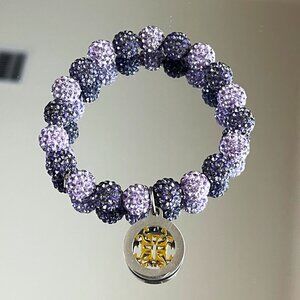 Rustic Cuff Two Tone Lavenders Shambala Pave Rhinestone Stretch Logo Bracelet